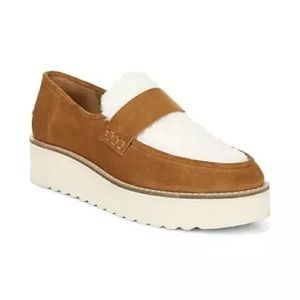 Vince Zola Faux Shearling Trim Tan Suede Loafers, 9